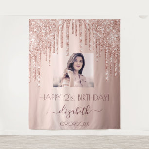 Birthday party custom photo rose gold pink drips tapestry