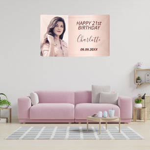 Birthday party custom photo rose gold pink modern banner