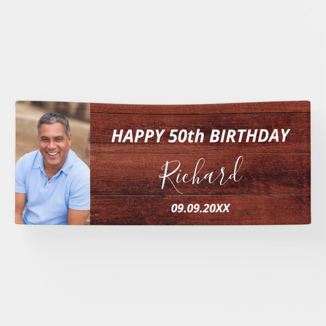 Birthday party custom photo rustic brown wood banner (Horizontal)