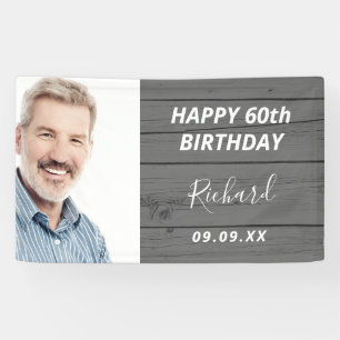 Birthday party custom photo rustic wood grey banner