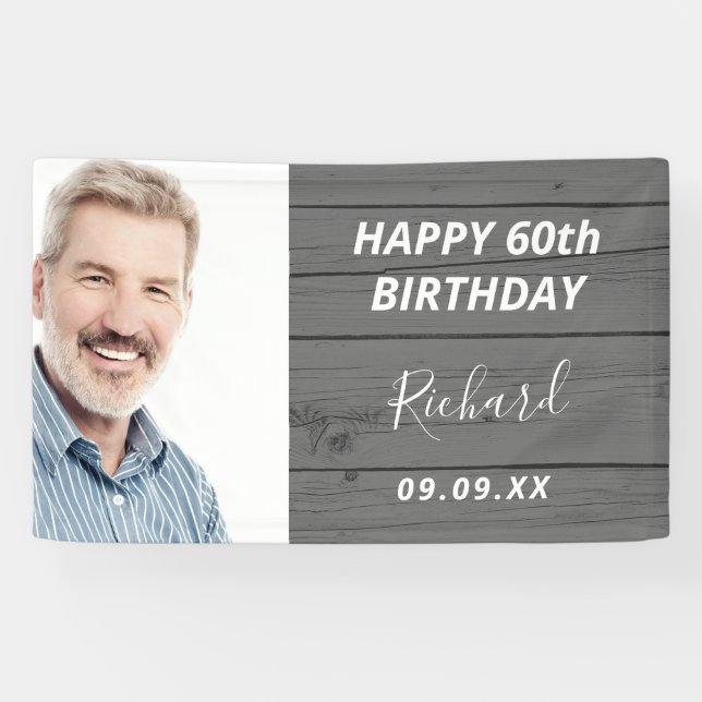 Birthday party custom photo rustic wood grey banner (Horizontal)
