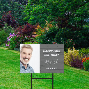 Birthday party custom photo rustic wood grey garden sign