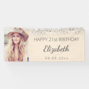 Birthday party custom photo silver cream banner