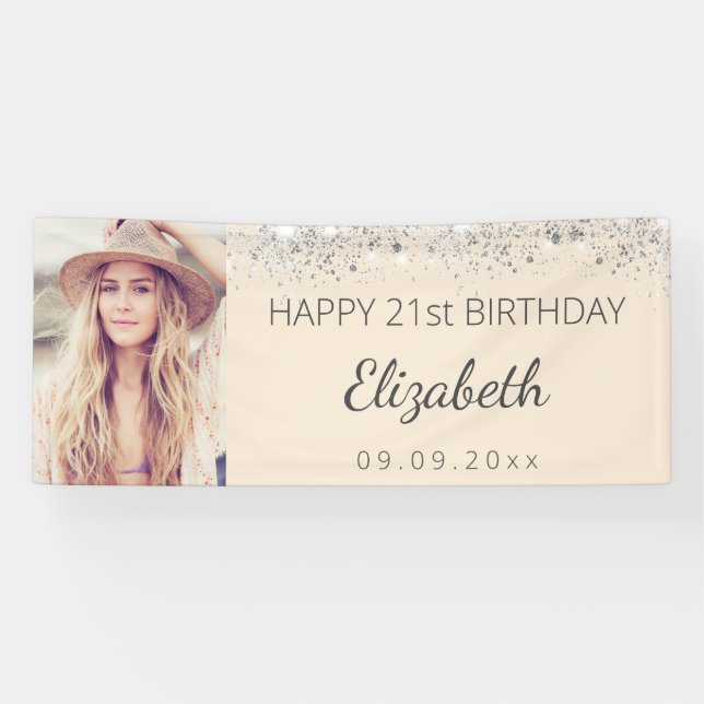 Birthday party custom photo silver cream banner (Horizontal)