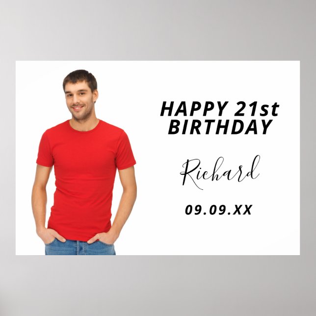 Birthday party custom photo white modern guy poster (Front)