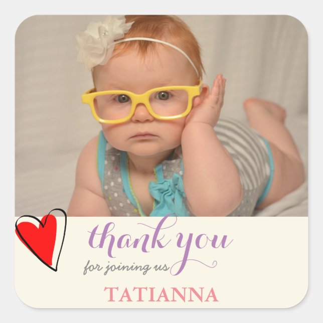 Birthday Party Cute Heart Thank You Photo Square Sticker (Front)
