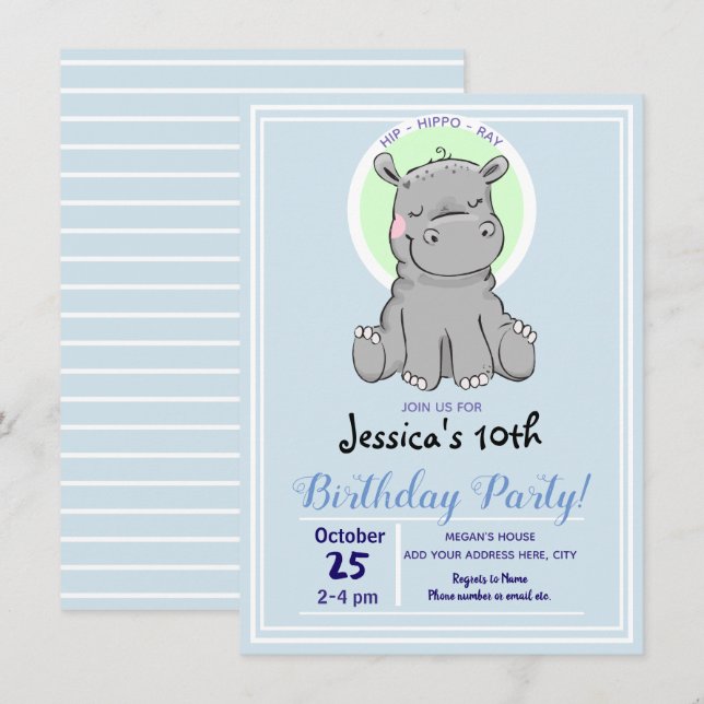 Birthday Party Cute Little Hippo Invitations (Front/Back)