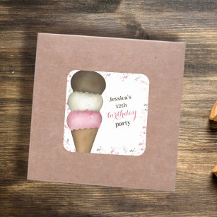Birthday Party Cute Whimsical Ice Cream Cone  Square Sticker