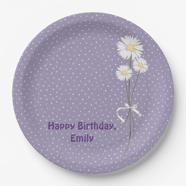Birthday party daisy bouquet and dots paper plate (Front)