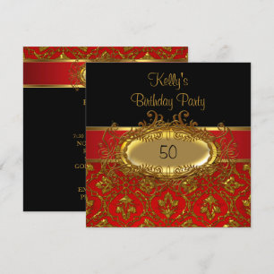 Birthday Party Damask Black Red Gold Invitation