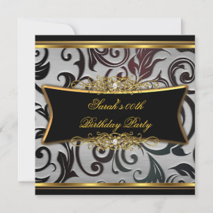 Birthday Party Damask Floral Black Gold White Invitation