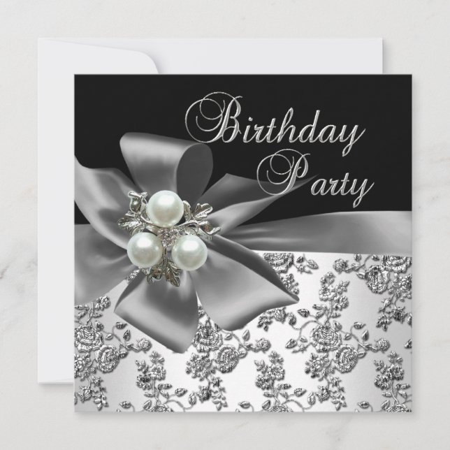 Birthday Party Damask Pearl Silver White Black Invitation (Front)