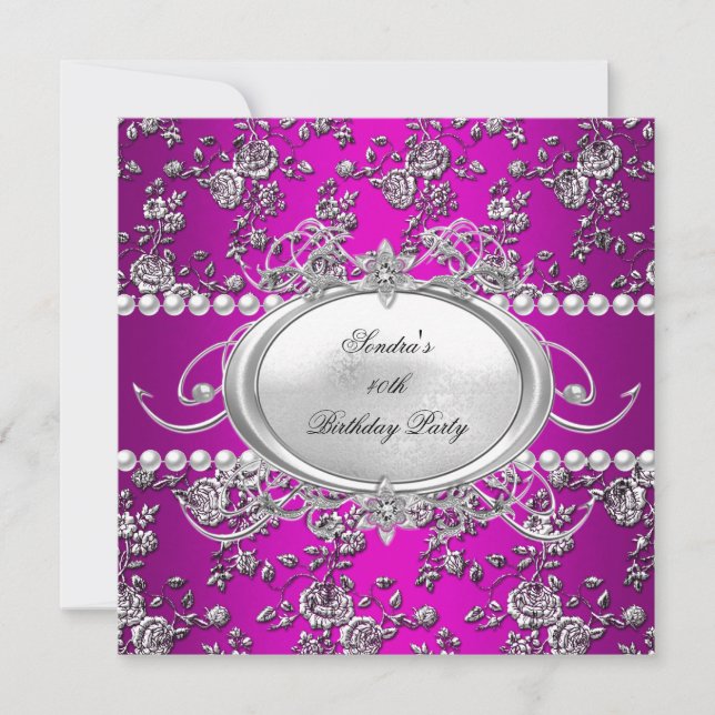 Birthday Party Damask Pink Purple White Pearl Invitation (Front)
