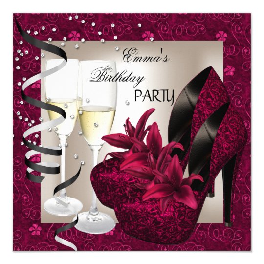 Birthday Party Damask Pink Red Shoes Cream 2 Card