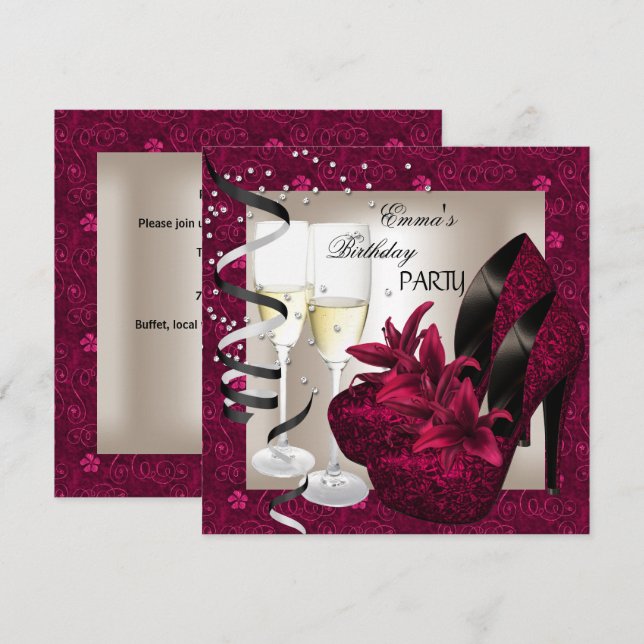 Birthday Party Damask Pink Red Shoes Cream 2 Invitation (Front/Back)