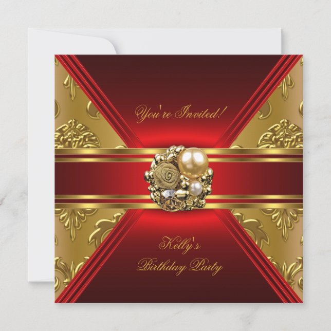 Birthday Party Damask Red Gold Invite (Front)