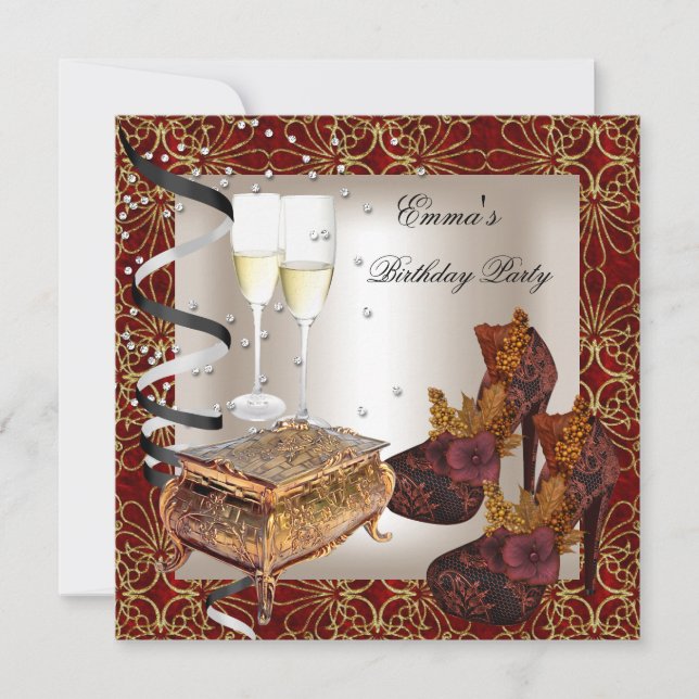 Birthday Party Damask Red Gold Shoes Cream Invitation (Front)