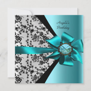 Birthday Party Damask Teal Blue Black Bow Jewel Invitation