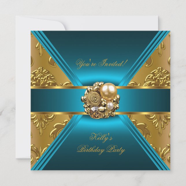 Birthday Party Damask Teal Blue Gold Invite (Front)