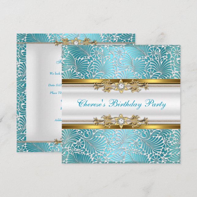 Birthday Party Damask Teal Blue Gold White Diamond Invitation (Front/Back)