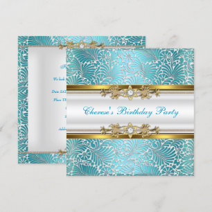 Birthday Party Damask Teal Blue Gold White Diamond Invitation