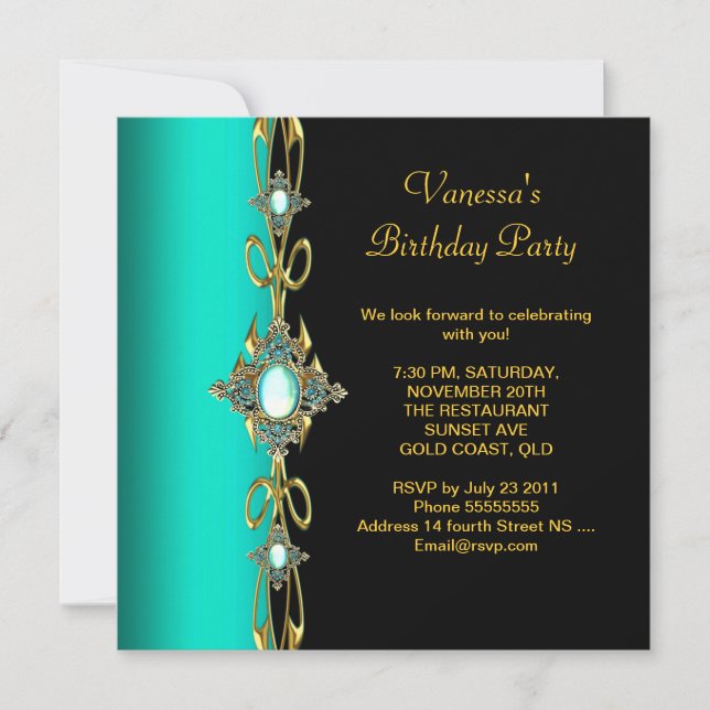 Birthday Party Damask Teal Green Blue Gold Black Invitation (Front)