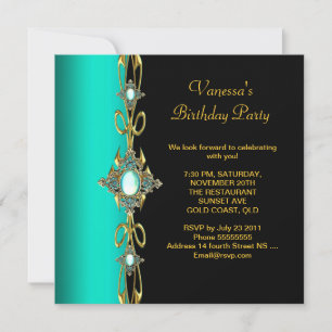 Birthday Party Damask Teal Green Blue Gold Black Invitation
