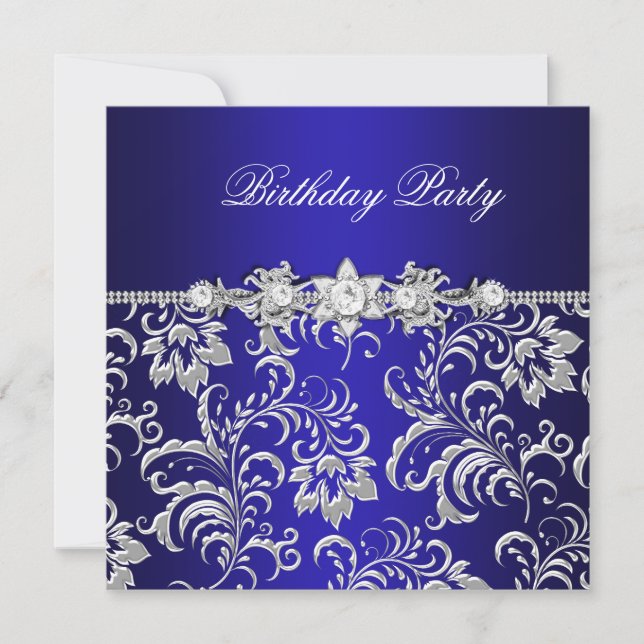 Birthday Party Dark Blue Floral Damask Silver Invitation (Front)