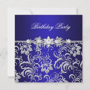 Birthday Party Dark Blue Floral Damask Silver Invitation