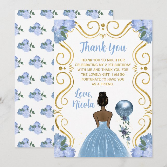 Birthday Party Dark Skin Princess Blue  Thank You Card (Front/Back)
