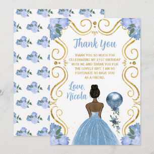 Birthday Party Dark Skin Princess Blue  Thank You Card