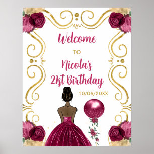 Birthday Party Dark Skin Princess Dark Red Welcome Poster