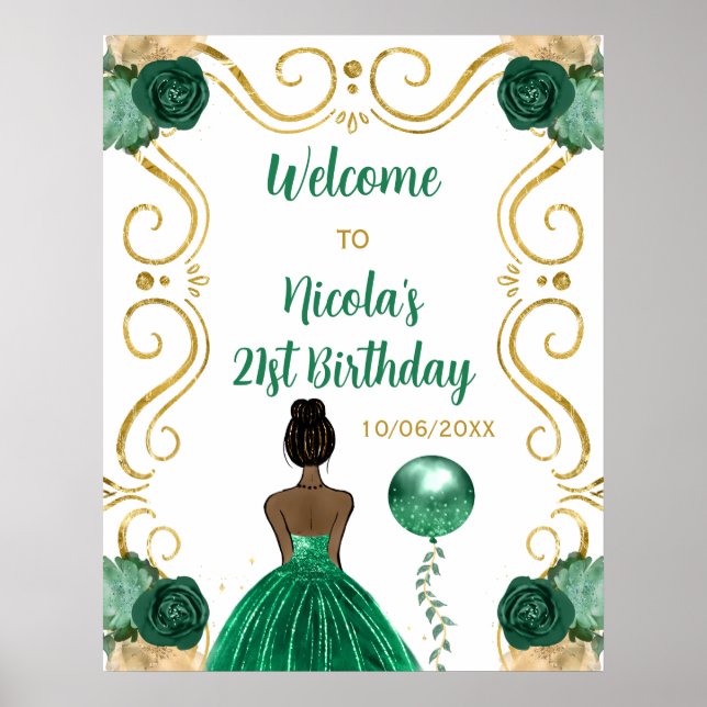 Birthday Party Dark Skin Princess Green Welcome Poster (Front)