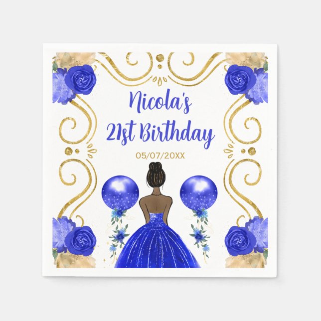 Birthday Party Dark Skin Princess in Blue Napkin (Front)