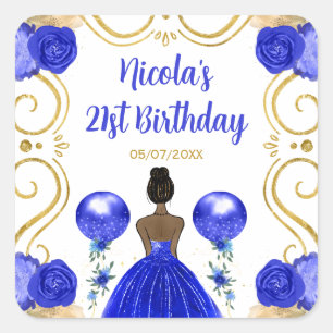 Birthday Party Dark Skin Princess in Blue Square Sticker