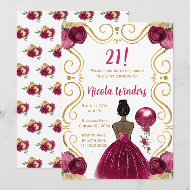 Birthday Party Dark Skin Princess in Burgundy Invitation (Front/Back)
