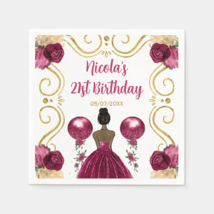 Birthday Party Dark Skin Princess in Burgundy Red Napkin