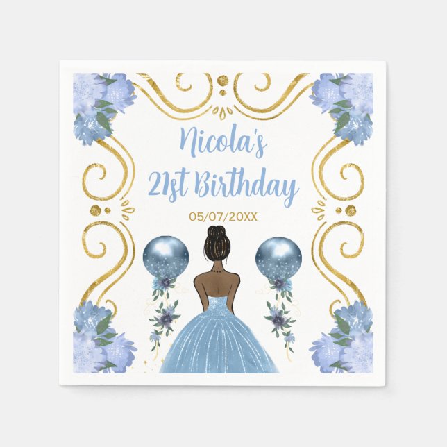 Birthday Party Dark Skin Princess in Dusty Blue Napkin (Front)
