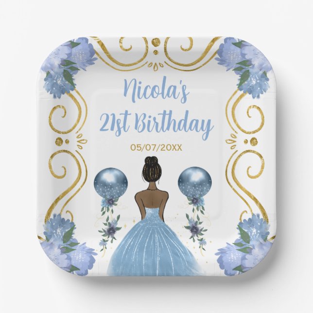 Birthday Party Dark Skin Princess in Dusty Blue Paper Plate (Front)