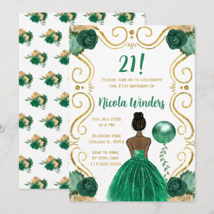 Birthday Party  Dark Skin Princess in Green Invitation
