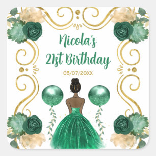 Birthday Party Dark Skin Princess in Green Square Sticker