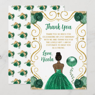 Birthday Party Dark Skin Princess in Green Thank You Card