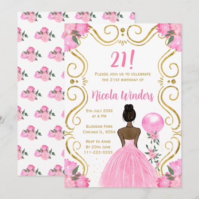 Birthday Party Dark Skin Princess in Pink Invitation (Front/Back)