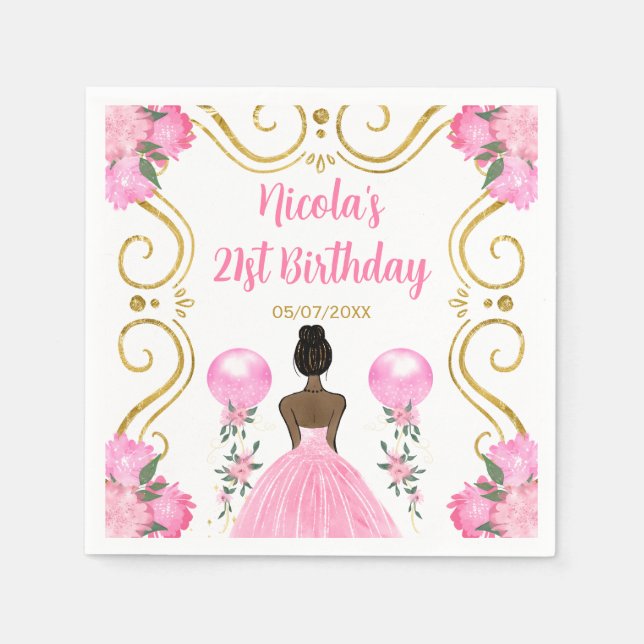 Birthday Party Dark Skin Princess in Pink Napkin (Front)