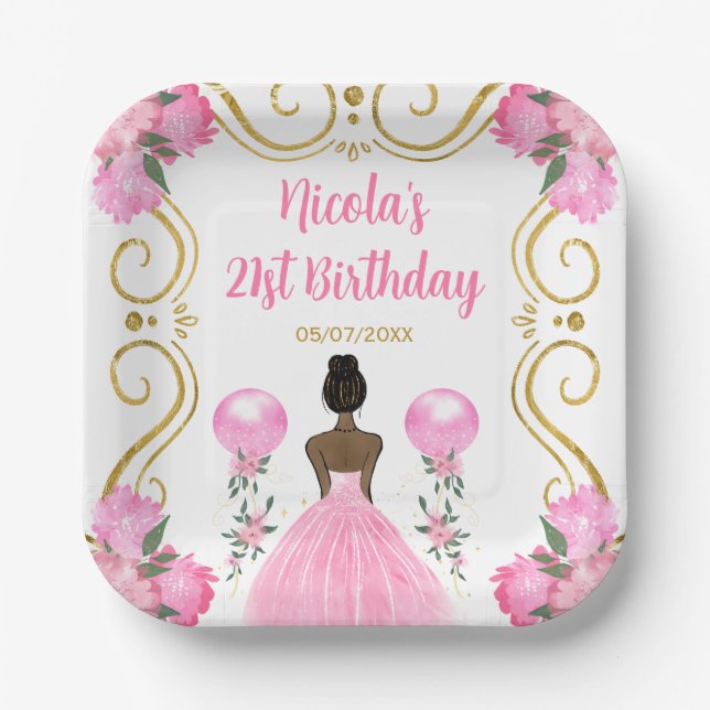 Birthday Party Dark Skin Princess in Pink Paper Plate (Front)