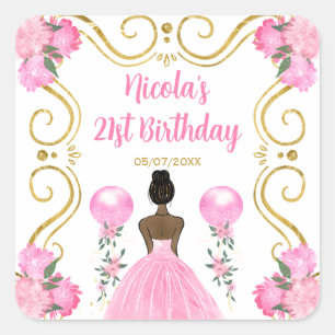 Birthday Party Dark Skin Princess in Pink Square Sticker