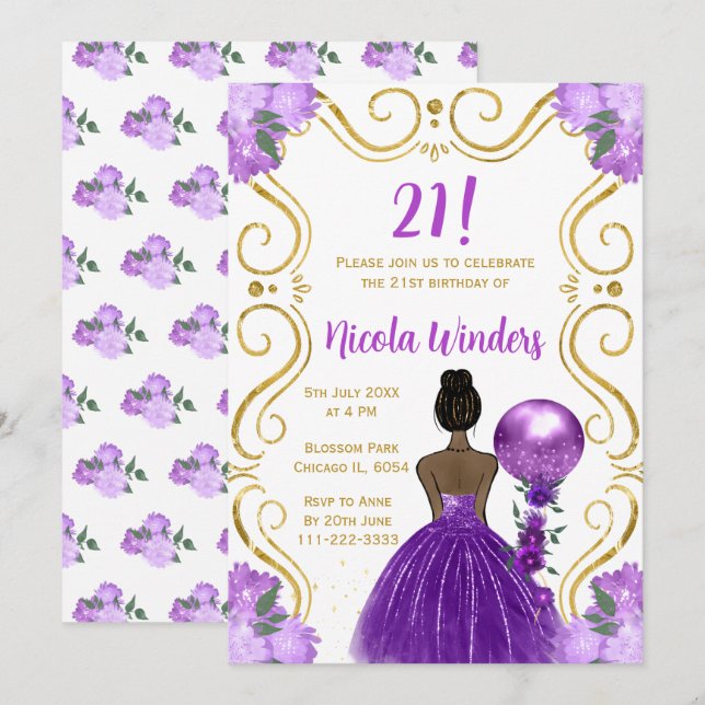 Birthday Party Dark Skin Princess in Purple Invitation (Front/Back)