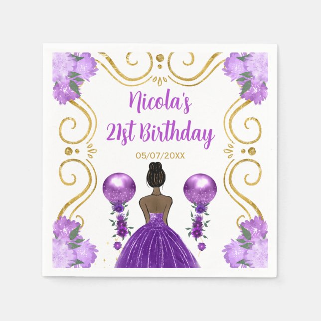 Birthday Party Dark Skin Princess in Purple Napkin (Front)