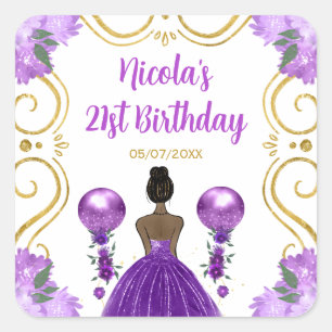 Birthday Party Dark Skin Princess in Purple Square Sticker