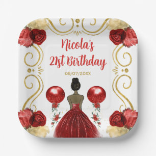 Birthday Party Dark Skin Princess in Red Paper Plate